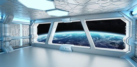 Spaceship white and blue interior with view on space and planet Earth 3D renderingの写真素材