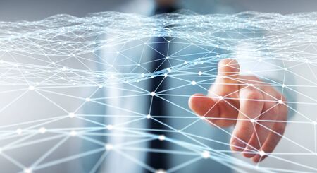 Dot flying network touched by businessman on blurred background 3D renderingの写真素材