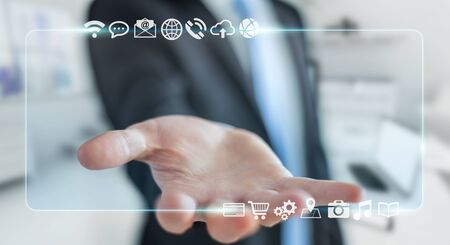 Businessman using tactile interface web address bar to surf on internet 3D renderingの写真素材