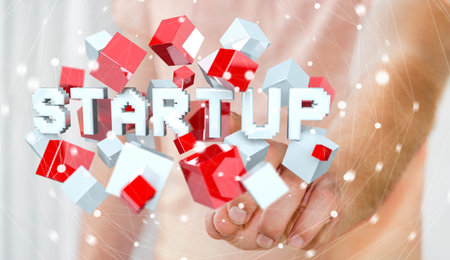 Man on blurred background touching floating 3D render startup presentation with cube