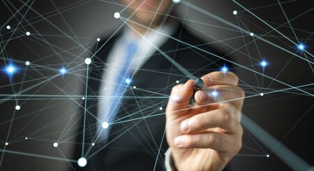 Dot flying network drawn by businessman on blurred background 3D renderingの写真素材