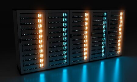Dark server room data center storage with blue lights 3D renderingの写真素材