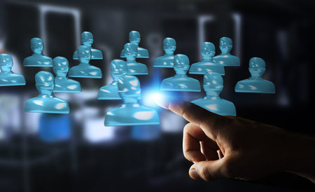 Businessman on blurred background touching shiny glass avatar group 3D rendering