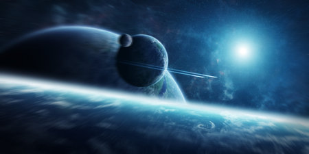 View of a distant planet system from space during a sunrise 3D rendering