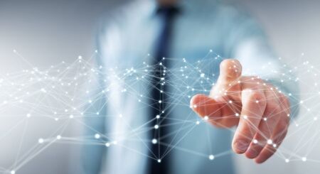 Dot flying network touched by businessman on blurred background 3D renderingの写真素材