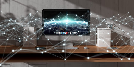 Floating white and blue glowing dot network on desktop interior 3D rendering