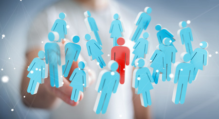 Businessman on blurred background touching 3D rendering group of people with his fingerの写真素材