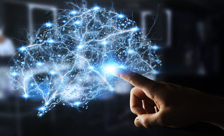 Businessman touching digital human brain with cell and neurons activity 3D rendering