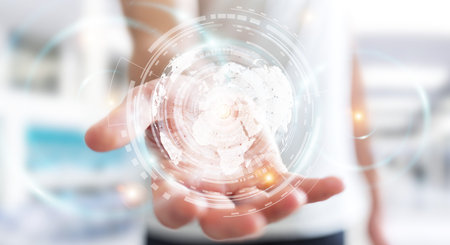 Businessman on blurred background using hologram screen with digital datas 3D rendering