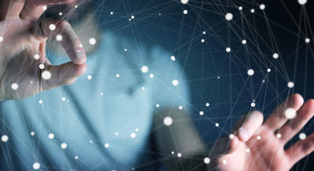 Businessman on blurred background touching floating dot network 3D rendering