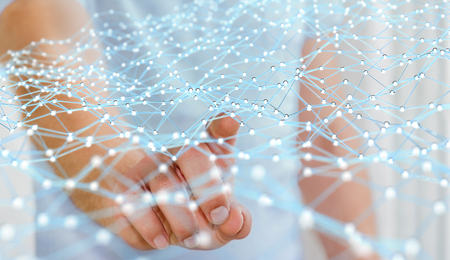 Businessman on blurred background touching flying network dot 3D renderingの写真素材