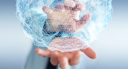 Businessman on blurred background holding flying network sphere 3D renderingの写真素材
