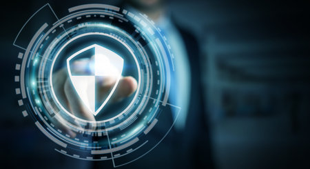 Businessman on blurred background using shield safe protection to protect his datas 3D rendering