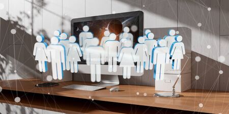 White and blue group of people flying over modern desktop interior 3D renderingの写真素材