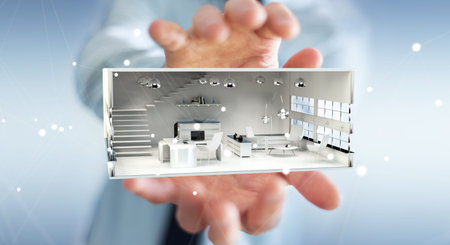 Businessman on blurred background holding white 3D rendering apartment
