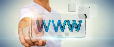 Businessman using tactile interface web address bar to surf on internet 3D rendering