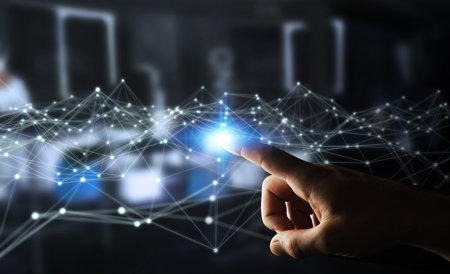 Dot flying network touched by businessman on blurred background 3D rendering