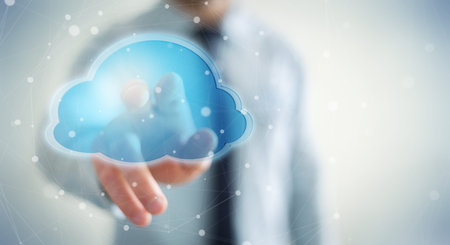Businessman on blurred background using digital cloud 3D rendering