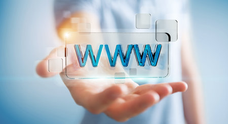 Businessman using tactile interface web address bar to surf on internet 3D rendering