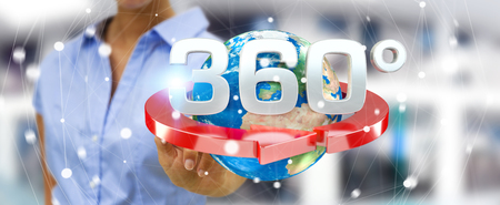 Woman on blurred background touching 360 degree 3D render icon with her fingerの写真素材
