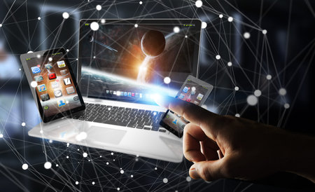 Businessman on blurred background touching laptop phone and tablet with his finger 3D rendering