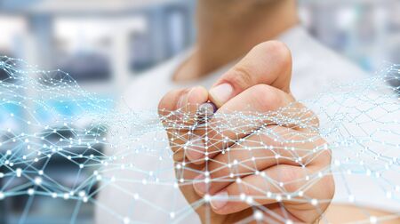 Businessman on blurred background touching flying network with digital pen 3D renderingの写真素材