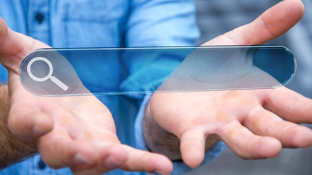 Man using tactile interface web address bar to surf on internet 3D rendering
