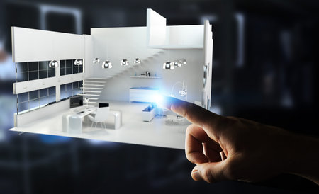 Businessman on blurred background touching white 3D rendering apartment with his finger