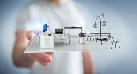 Businessman on blurred background touching white 3D rendering apartment