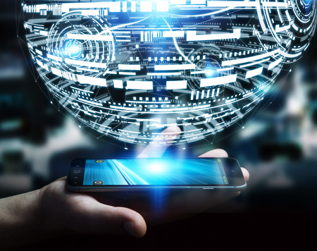 Businessman holding white and blue hologram sphere over mobile phone 3D renderingの写真素材