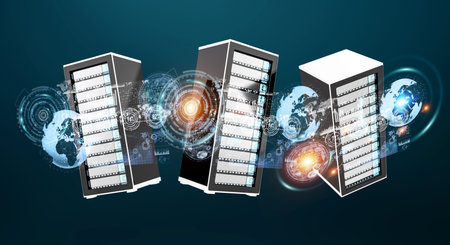 Server room data center connected to each other on dark background 3D rendering