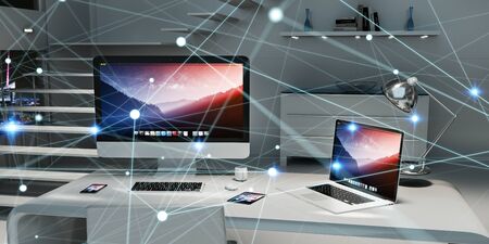 Floating white and blue glowing dot network on desktop interior 3D renderingの写真素材