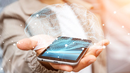 Businessman holding digital human brain with cell and neurons activity 3D rendering