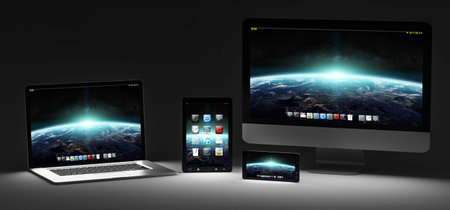 Modern computer laptop mobile phone and tablet in the dark 3D rendering