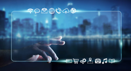 Businesswoman using tactile interface web address bar to surf on internet 3D rendering