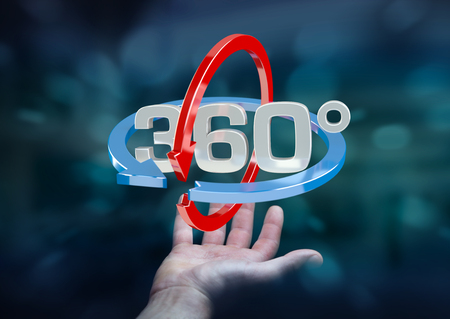 Man on blurred background holding 360 degree 3D render icon in his handの写真素材