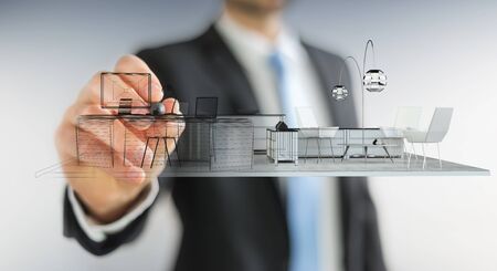 Businessman on blurred background drawing white 3D rendering apartment plan
