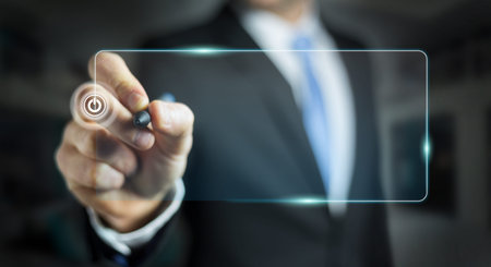 Businessman using tactile interface web address bar to surf on internet 3D rendering