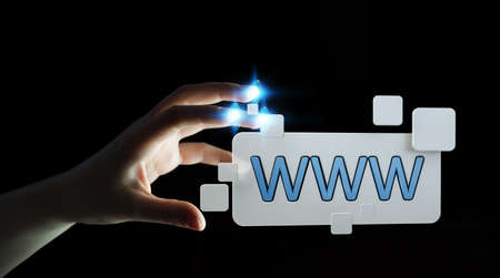 Businesswoman using tactile interface web address bar to surf on internet 3D renderingの写真素材