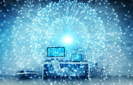 Office with modern devices and digital datas on hologram screens 3D rendering
