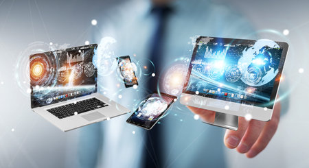 Businessman on blurred background connecting tech devices 3D rendering