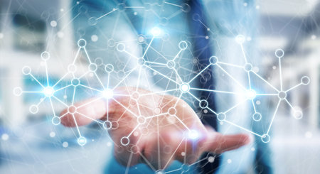 Businessman in office holding digital data network in his hand 3D rendering