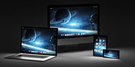 Modern computer laptop mobile phone and tablet in the dark 3D rendering