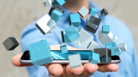 Businessman on blurred background holding floating blue shiny cube network 3D rendering