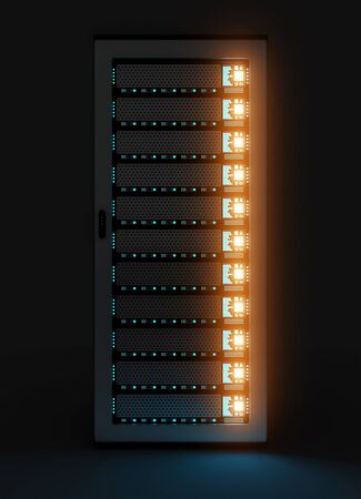 Dark server room data center storage with blue lights 3D renderingの写真素材