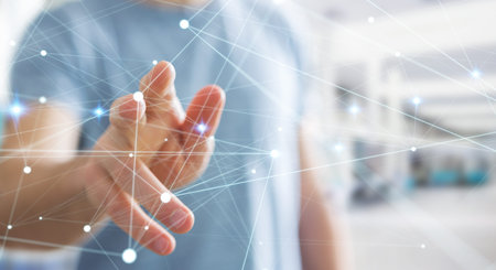 Dot flying network touched by businessman on blurred background 3D rendering