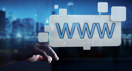 Businessman using tactile interface web address bar to surf on internet 3D rendering