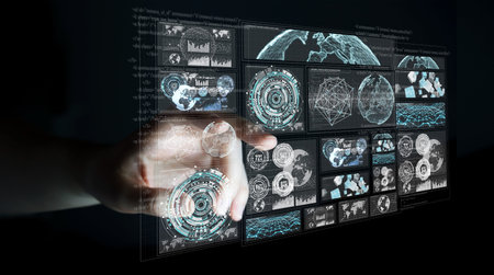 Businesswoman on blurred background using digital screens with holograms datas 3D rendering