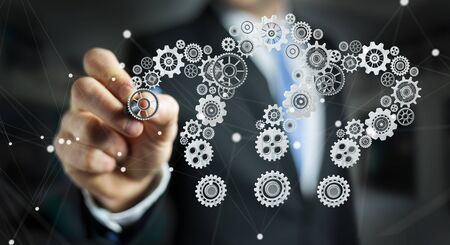 Businessman on blurred background drawing question marks gear 3D renderingの写真素材