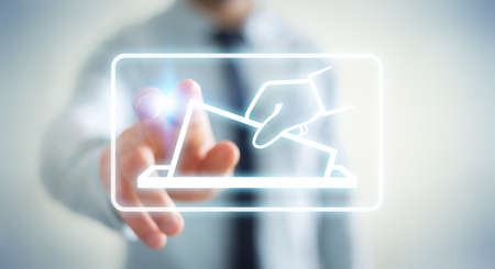 Businessman on blurred background voting using digital interface 3D renderingの写真素材